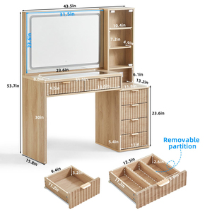 Factory Direct Natural Wood Fluted Makeup Vanity Desk with <b>6</b> <b>Drawers</b> and Glass Top Power Outlet - Product Image 2