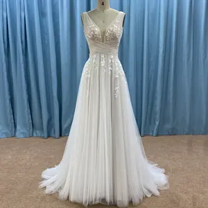 Gaun pengantin, gambar asli, tren, renda bunga, gaun pernikahan leher V, gaun pengantin backless a line