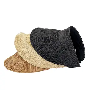 2024新款太阳帽旅行沙滩上衣紫外线流苏草帽时尚女士夏季空大檐草帽