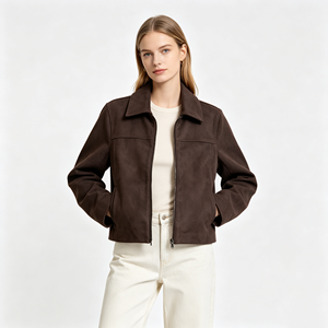 Veste Courte Femme Personnalisée en Faux Daim, Col Revers Rétro, Fermeture Éclair Intégrale, Manteau d'Automne - Product Image 1