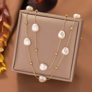 批发定制法国复古大巴洛克珍珠项链女结婚镀金不锈钢双心项链