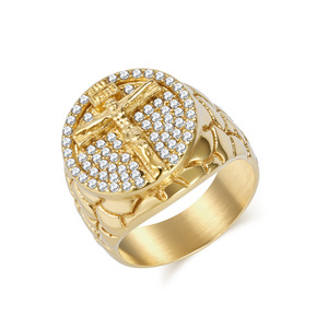 Retro Hip Hop Cross Full Diamond <b>Ring</b> Band <b>Titanium</b> Steel Plated 18K Gold Men's Jewelry - Product Image 5