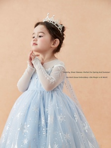 Abito da Principessa per Bambine con Fiocchi di Neve Ricamati, Tessuto Trasparente e Soffice, Vestito Lungo Blu - Product Image 4