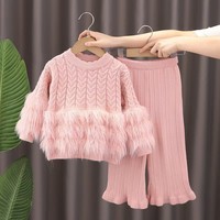 Nouvel ensemble tricoté 2 pièces pour filles, automne-hiver : pull col rond en maille torsadée avec fausse fourrure et pantalon évasé côtelé