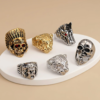 Antiker geschnitzter 3D-Skulptur-Ring: Gothic Totenkopf, Religiöser Jesus, Indianerhäuptling – Massiver Statement-Herrenring aus 316L Edelstahl
