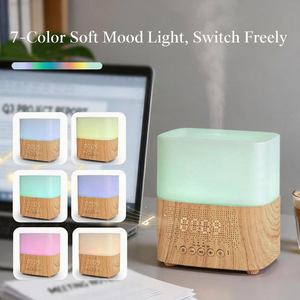 Diffuseur d'arômes ultrasonique à effet bois avec horloge numérique, veilleuse colorée, haut-parleur Bluetooth, humidificateur d'huiles essentielles silencieux - Product Image 3