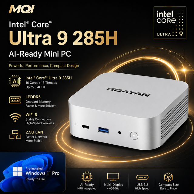 Intel Core Ultra 9 285H AI Mini PC 16GB 24GB 32GB LPDDR5 M.2 NVMe SSD WiFi 6 Windows 11 Pro AI Business Computer MQi15