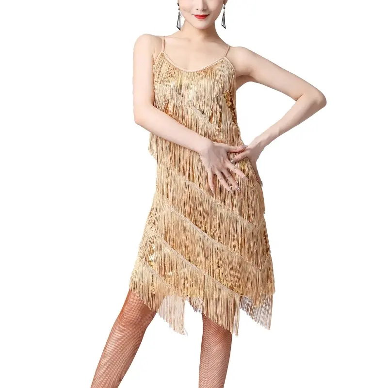 Hot Sale Womens Sequins Fringed Performance Dress Samba Tango Latin Dance Costume Tassel Dance Dresses