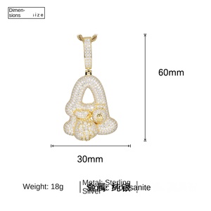 Collier Hip Hop et Pendentif Lettre pour Sac à Main en Argent S925 avec Moissanite Incrustée, Personnalisable A-Z, pour Femmes et Hommes, Stock Euro/US Prêt à l'emploi - Product Image 6