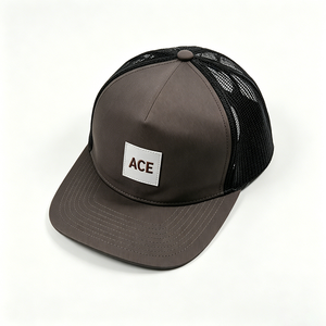 Two Tone Brown Front Fabric Black Mesh Back Character Y2K Trucker <b>Cap</b> Custom Leather Patch Logo Curved Brim 5 Panel Baseball <b>Hat</b> - Product Image 4