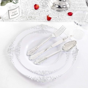 Plato Desechable BST de Plástico Transparente Azul con Relieve Dorado, Borde Plateado, para Fiestas y Bodas, Color Oro Rosa - Product Image 3