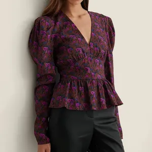 Printed floral v-neck latest Elegant Office shirt woman clothes blouses 2022 ruffles
