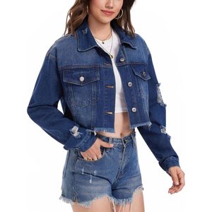 Veste en jean courte personnalisée pour femme, à manches longues, ourlet effiloché, boutonnée, tenue tendance - Product Image 2