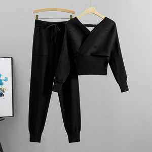 Double V-Neck <b>Sexy</b> Strapless Short <b>Set</b> Women Knitted Sweater 2 Piece <b>Set</b> Fashion - Product Image 3