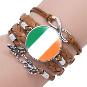 Hersteller European National Country Flag Design Unendlichkeit Liebe Braun Leder Wickel armbänder