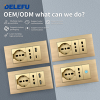 DELEFU - Enchufes de Pared Universales y Schuko de 2 Pines con Panel de PC Dorado Estándar Europeo Italiano