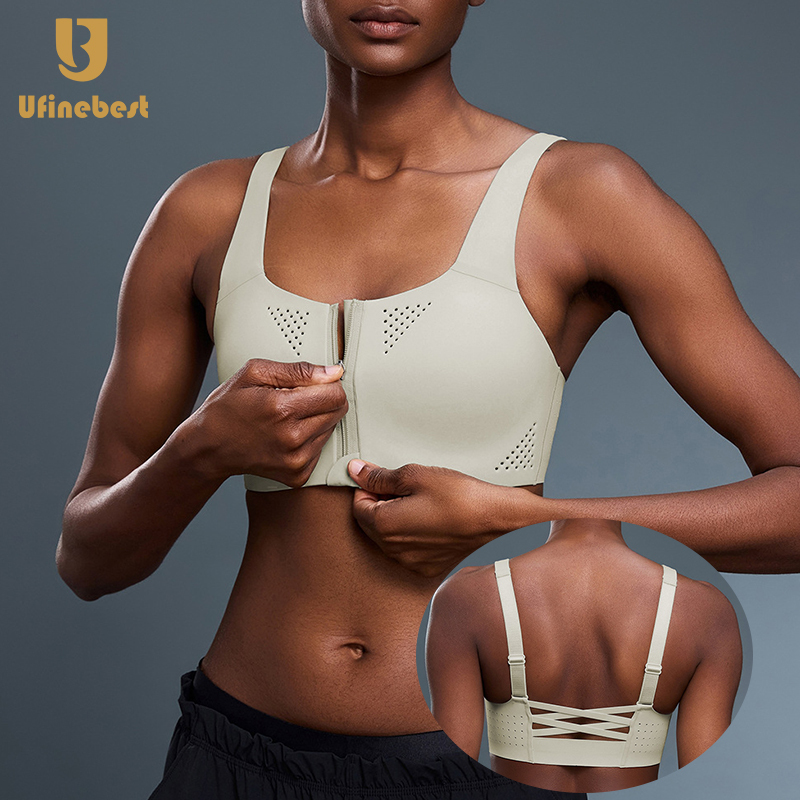 Women's High Support Shockproof Sports Yoga Bra Breathable One Piece Traceless Adjustable Straps Front Zipper for Gym Fitness