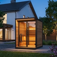 Cabine de sauna extérieure moderne de luxe avec verre trempé panoramique et bois de pin nordique pour spa à domicile et jardin