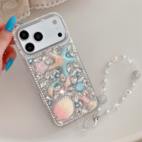 Coque de protection 3D Étoile de mer et Coquillage avec strass pour iPhone 18 17 Pro Max 16 15 14, motif Perle Océan, avec cordon