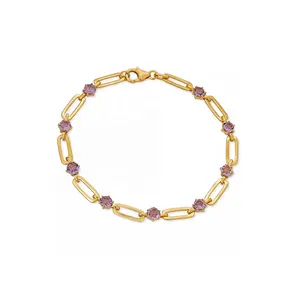 Women Jewelry Gold Chain Amethyst Paperclip Link Bracelet in 14k Gold-Plated 925 Sterling Silver also in Sky Blue Top Garnet