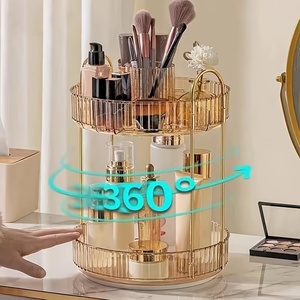 Organisateur de maquillage rotatif à 3 niveaux en plastique doré, extensible, moderne, facile à assembler, pour coiffeuse et salle de bain - Product Image 2