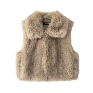 Gilet en fausse fourrure tricoté pour femme, sans manches, vêtement d'extérieur d'hiver avec col en fourrure, veste décontractée - Product Image 4