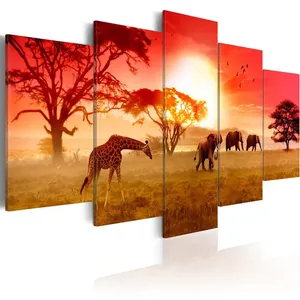 Living Room Home Decor Frame Modular Pictures Elephant Giraffe Sunset Poster Print 5 Panels Wall Art Canvas Painting