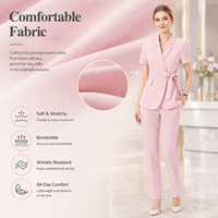 Ensemble de costume pour femmes, en coton fin, antibactérien, avec ceinture à la taille, blazer à manches courtes et pantalon, pour le personnel de réception d'hôtel