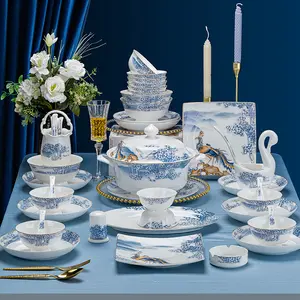 Luxury Bone China Gold Rim Dinnerware Set 23 Pcs 60 Pcs Restaurant Porcelain Tableware European Type Blue Dinner Set