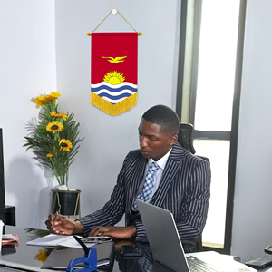 Banderín de Kiribati de 20x30 cm, Satinado, con Borlas Amarillas en la Parte Inferior del Triángulo, Varios Países - Product Image 3