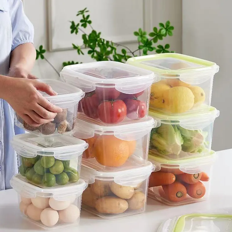 Fiambrera de plástico transparente de 570ML, caja de almacenamiento antideslizante de doble Color para nevera, contenedor de alimentos para Cocina