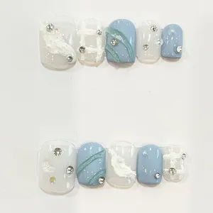 Zomer Oceaan Vierkant Blauw Wit Valse Nagels Met 3d Lijn Patroon Ontwerp Volledige Cover Hoge Kwaliteit Pers Op Nagels