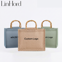 Sac de shopping en jute écologique imprimé avec logo personnalisé, poignée en bambou, laminé et réutilisable pour les boutiques de détail
