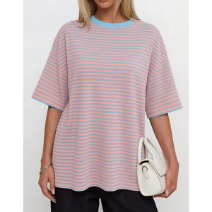 T-shirt rayé à manches courtes et col rond pour femme, haut d'été en coton tricoté surdimensionné, tenue décontractée - Product Image 4