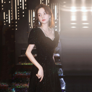 Black Velvet Evening Gown Square Collar A-Line Glitter Dress For Banquet Or Art Exam - Product Image 2