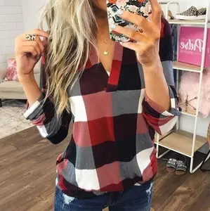 2023 Hochwertige Plaid Pullover Langarm Top Shirt Damen Casual Loose Color Block Shirt Bluse Tops für Frauen