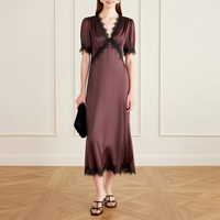 Robe midi élégante en satin violet sur mesure avec bordure en dentelle noire effet cils, manches courtes bouffantes, pour femmes, soirée, cocktail, fête