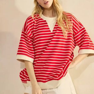 T-Shirt Oversize Casual da <span class=keywords><strong>Donna</strong></span> con Logo Personalizzato, Maniche Corte, Collo Tondo, in Spugna <span class=keywords><strong>a</strong></span> Blocchi di Colore <span class=keywords><strong>e</strong></span> <span class=keywords><strong>Righe</strong></span>, Produttore - Product Image 3