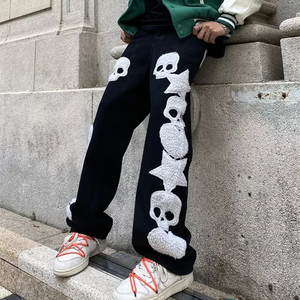 Pantalon de survêtement évasé en denim de coton épais noir pour <span class=keywords><strong>homme</strong></span>, style streetwear hip-hop, avec broderie en tissu éponge - Product Image 1
