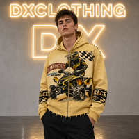 Sweat-shirt à capuche entièrement zippé jaune délavé personnalisé 360 g/m² avec capuche cloutée, motif course ATV, ourlet et poignets effilochés, style streetwear OEM ODM