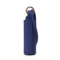 Étui cylindrique pour rouge à lèvres en PU grainé bleu marine, isolant thermique, anti-chauffage, portable, avec sangle de poignet et anneau métallique