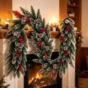 Guirnalda Navideña Artificial de PVC con Piñas, Bayas Rojas y Ramas de Pino Nevadas, Decoración Navideña, Corona de Navidad - Product Image 6