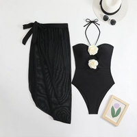 AMCLEVER Baju Renang Hitam Halter 1pc dengan Rok Sarong Transparan Berbunga 3D Set Pakaian Pantai Elegan Wanita untuk Liburan OME Logo Kustom