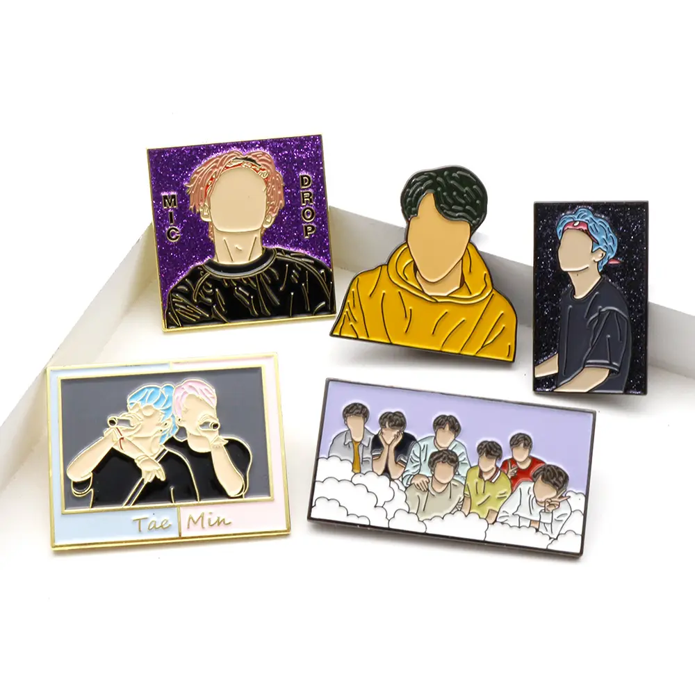 Wholesale manufacturers merchandise korea idol group lapel pin badge custom metal glitter soft hard enamel kpop bangtan pin