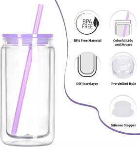 Gobelet isotherme à double paroi en plastique écologique de 16 oz, design fin avec couvercle en PP pailleté, paille, thé, vin, cadeaux - Product Image 6