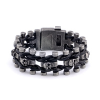Bracelet en acier titane bicolore torsadé avec chaîne entrelacée tête de mort argentée antique, style gothique punk, pour homme, bijoux de motard