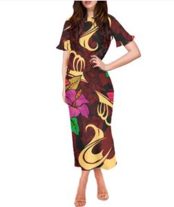 Robe imprimée de <span class=keywords><strong>tatouage</strong></span> rouge <span class=keywords><strong>polynésien</strong></span> Samoa Tapa Hawaiian Odd-leaf Turtle Back Bamboo Design Jupe à manches courtes pour femmes - Product Image 5
