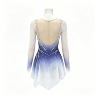 Robe de patinage et de danse pour enfants et adultes, dégradé bleu et blanc, maille transparente, manches longues, garniture en strass dorés, pour compétition et spectacle de patinage sur glace