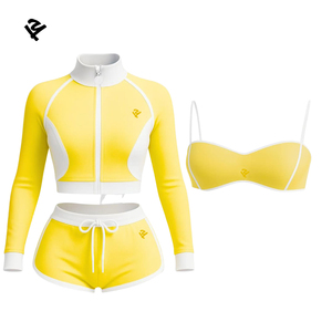Completo Sportivo Corto Personalizzato a Tre Pezzi con Top, Giacca con Zip e <span class=keywords><strong>Pantaloncini</strong></span> da Yoga di Alta Qualità per <span class=keywords><strong>Donna</strong></span> - Product Image 3