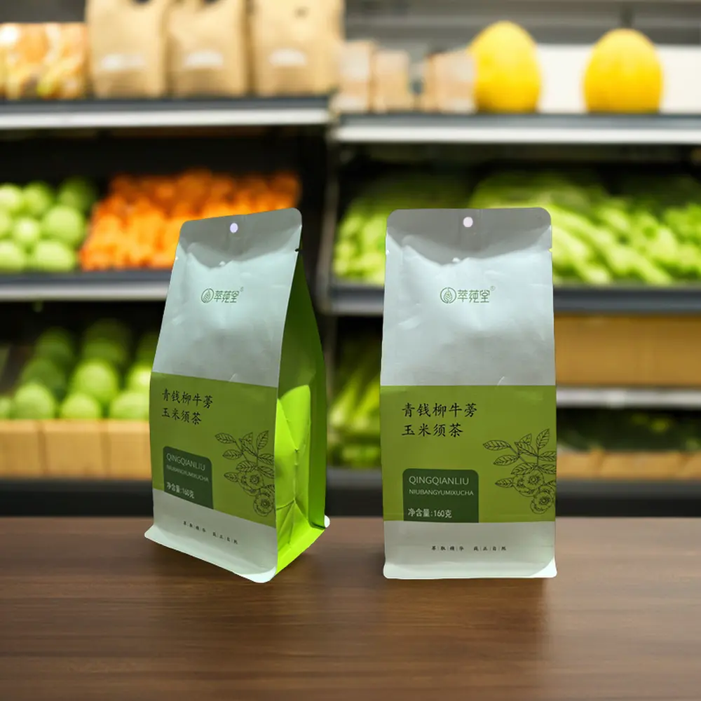 8-Side Seal Stand-Up Pouch Plat Bodem Gelamineerd Vochtbestendige Verpakking Zak Voor Koffie En Thee Voor De Voedingsindustrie